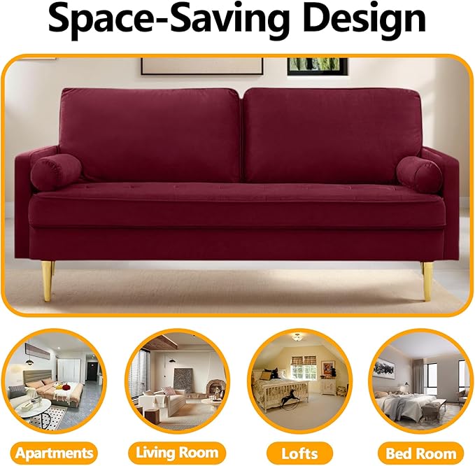 65 Loveseat Sofa with 2 Pillows Comfy Love Seat Cuches with Gold LegsVelvet Small Couchs for Living Room Bedroom Office ApartmentMid Century Modern Couch (Red)