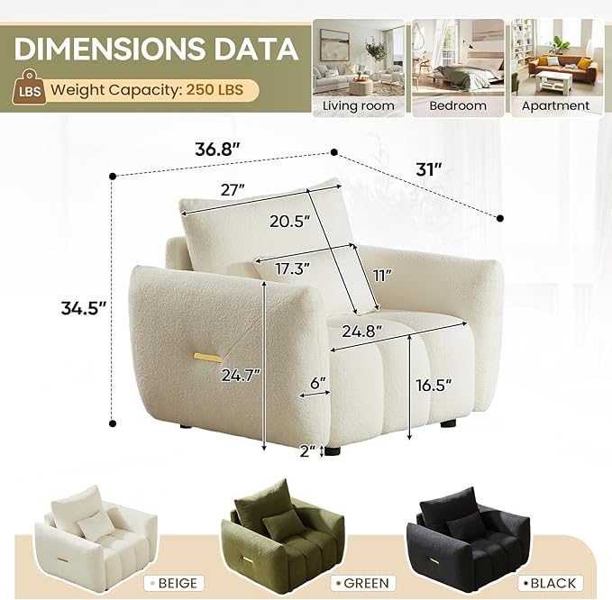 Modern Accent Chair 36.8W Teddy Bouclé Comfy Armchair with 3 Pillows Tufted Upholstered Cloud Single Sofa Chairs Deep Seat Reading Lounge Chair for Living Room Bedroom Office Apartment(Beige)