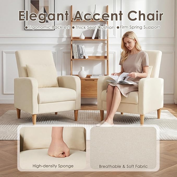 COLAMY Mid-Century Modern Upholstered Accent Chair with Back Pillow &amp Solid Wood Legs Fabric Cozy Armchair for Living Room Bedroom Reading Nook Apartment &amp Small Spaces Beige