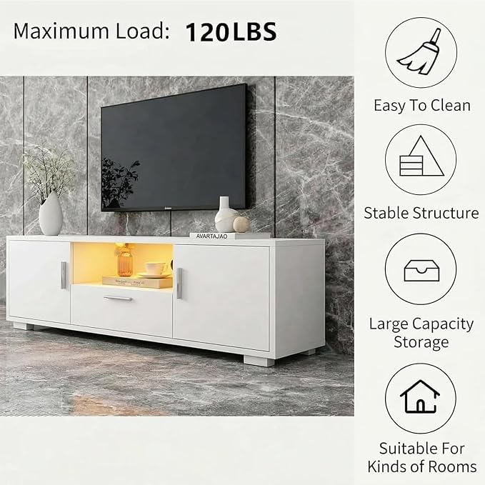 LED TV Stand for 32–55 Inch TVs – 51 Modern Entertainment Center with RGB Lights Glass Shelves &amp Large Storage Cabinet White Media Console for Living Room or Bedroom Setup