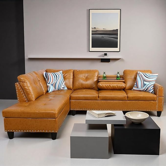 L Shape Sectional Couch with Chaise 97.5 Inch Modular Sofa with Cup Holders Sectional Couches for Living Room Ergonomic Reclined Backrest for Office and Small Apartment Ginger