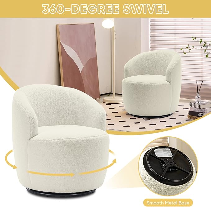 Swivel Barrel Accent Sofa Chair Modern Teddy Fabric Club 360 Degree Swivel Chair Small Leisure Arm Chair for Nursery Living Room Hotel Bedroom Office Lounge Ivory