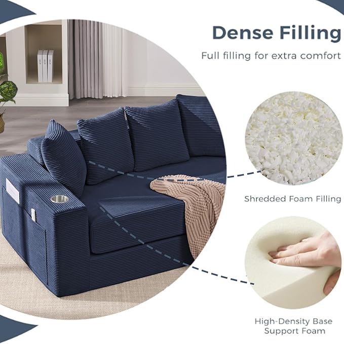 Anwick 2-in-1 Convertible Sleeper Sofa Bed Corduroy Boneless Loveseat Cloud Couch for Living Room Compressed Sofa in a Box 5 Pillows Fixed Frames Side Pockets &amp Cup Holders No Assembly (Blue
