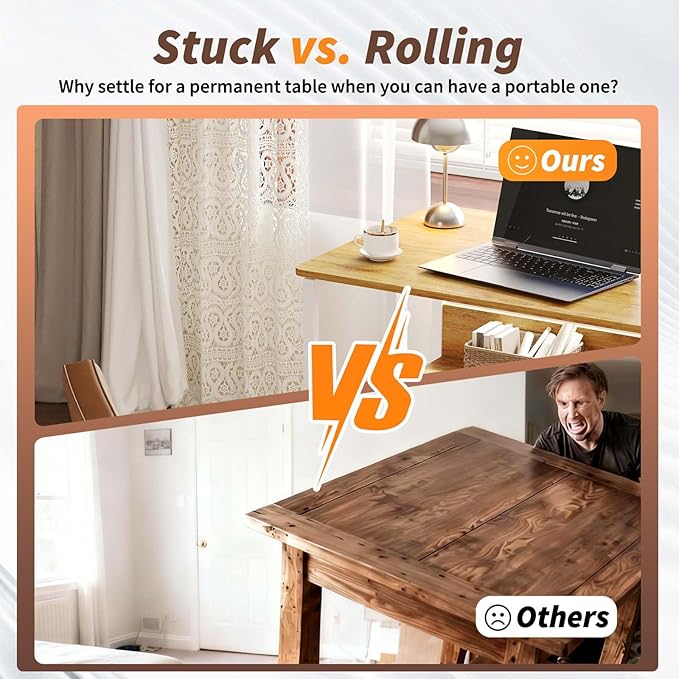 24.8 Folding Rolling Desk with Storage Shelf Small Foldable Computer Table on Wheels for Home Office &amp Small Spaces Portable Workstation with Brakes Oak