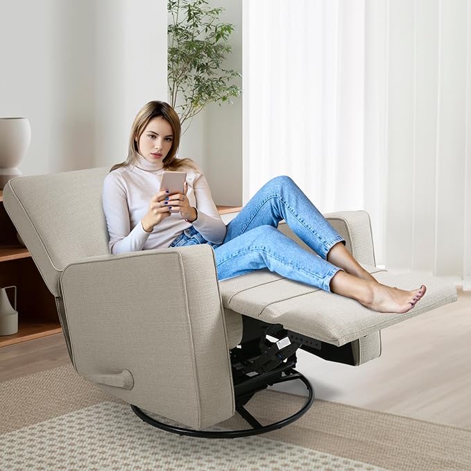 Swivel Rocker Recliner Chair for Adults High Back Fabric Recliner with Deep Seat Manual Glider for Living Room &amp Nursery Beige