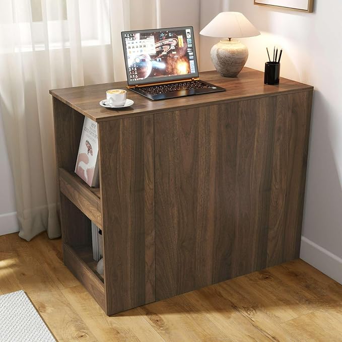 Computer Desk with Storage Drawers Modern Corner Workstation with Extendable Table Walnut Writing Desk for Small Spaces Home Office Folding Table with Cabinet