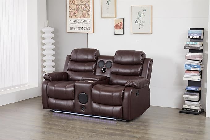 Faux Leather Manual Reclining Loveseat with LED and Console with SubWoofer