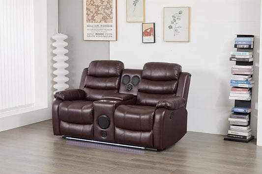 Faux Leather Manual Reclining Loveseat with LED and Console with SubWoofer