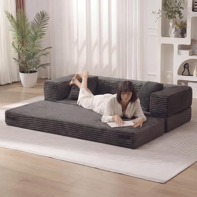 GNIXUU 78.7 Boneless Convertible Sleeper Sofa Bed 4-in-1 Folding Corduroy Futon Couch Bed Oversized Loveseat Modular Floor Mattress Couch for Living Room Bedroom Lounge No Assembly Grey