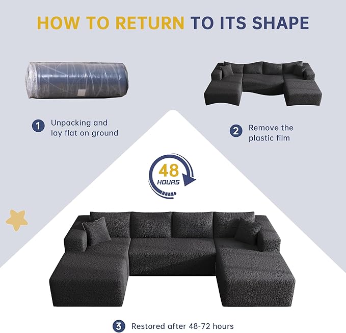 140 U-Shaped Modular Sectional Sofa for Living Room3 Seater Cloud Sectional Couch with Chaise LoungeDeep Seat with PillowsNo Assembly Required (Black)