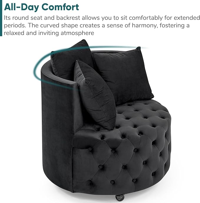 JOYBASE Swivel Barrel Chair With 3 Pillows - Round Accent Armchair Cozy Comfy Lounge Seat Modern Circle Club Sofa for Living Room Bedroom (Black Velvet)