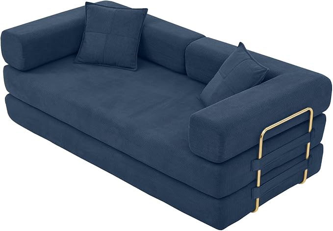 4-in-1 Folding Convertible Floor Sofa Bed 78 Oversized Compression Sofa No Assembly Required King Futon Lazy Couch Corduroy Loveseat Sleeper with Pull Out Bed Modular Futon Couch (Blue)