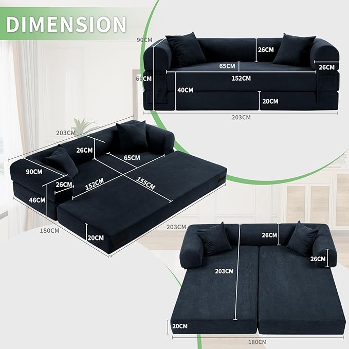 4-in-1 Folding Convertible Sofa Bed 80 Inch Oversized Corduroy Boneless Couch Loveseat Sleeper with Pull Out Bed Floor Sofa Modular Futon Teddy Sofa for Living Room Bedroom Lounge Deep Blue