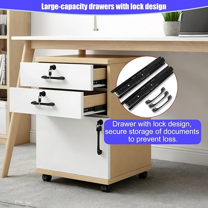File Cabinet with Lock and Drawer 2-Drawer Vertical Filing Cabinet with Doors Mobile Under Desk Storage Cabinet with 360° Swivel Wheels for Legal/Letter/A4 Documents(Walnut Color+White)