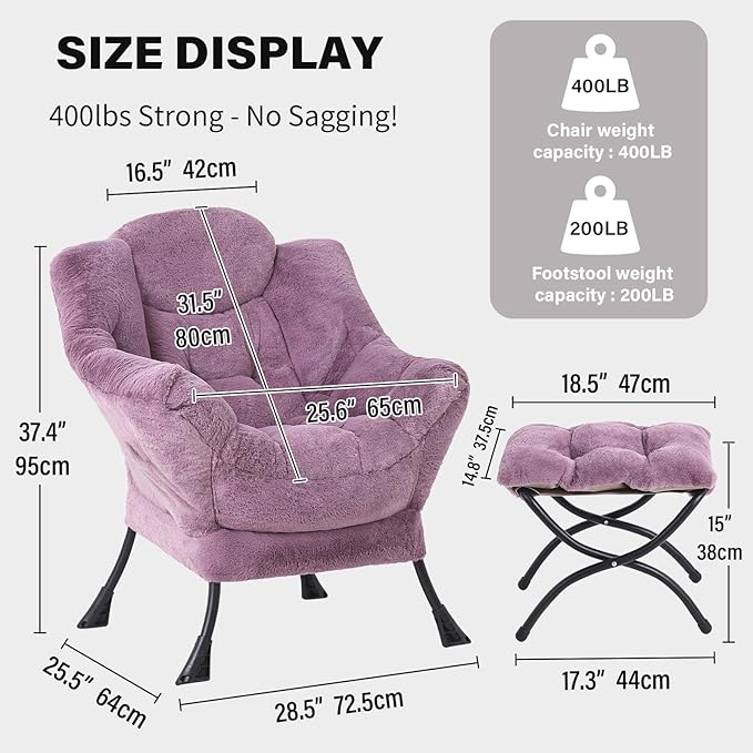 Tiita Lazy Chair with Ottoman Purple Modern Large Accent Chair Comfy Leisure Sofa Armchair with Ottoman Reading Chair with Footrest for Bedroom Living Room Dorm Rooms Plush Purple