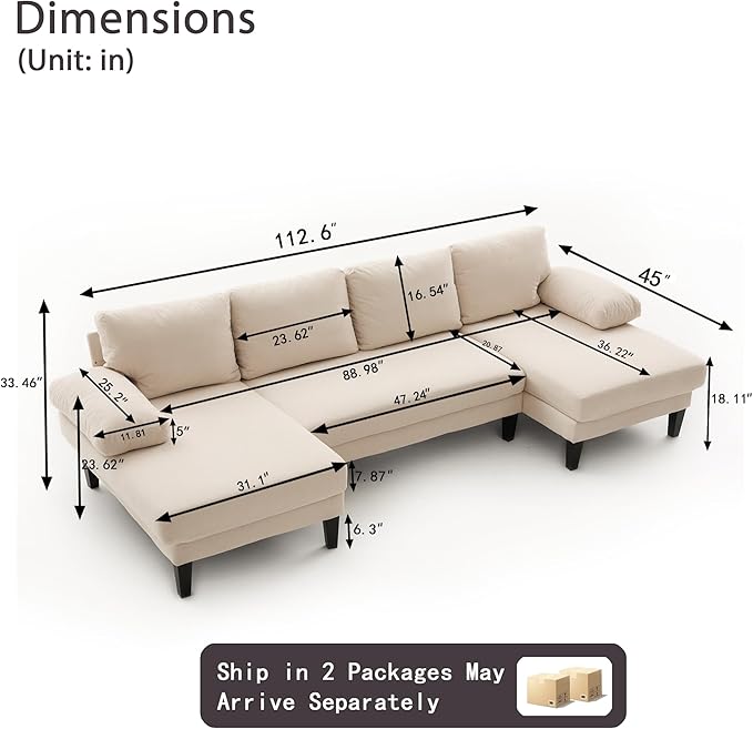 112 U-Shaped Sectional Sofa Couch with Double Chaise - 4-Seat Modular Living Room Furniture Linen Upholstered Design for Apartments/Reception Rooms (Beige)