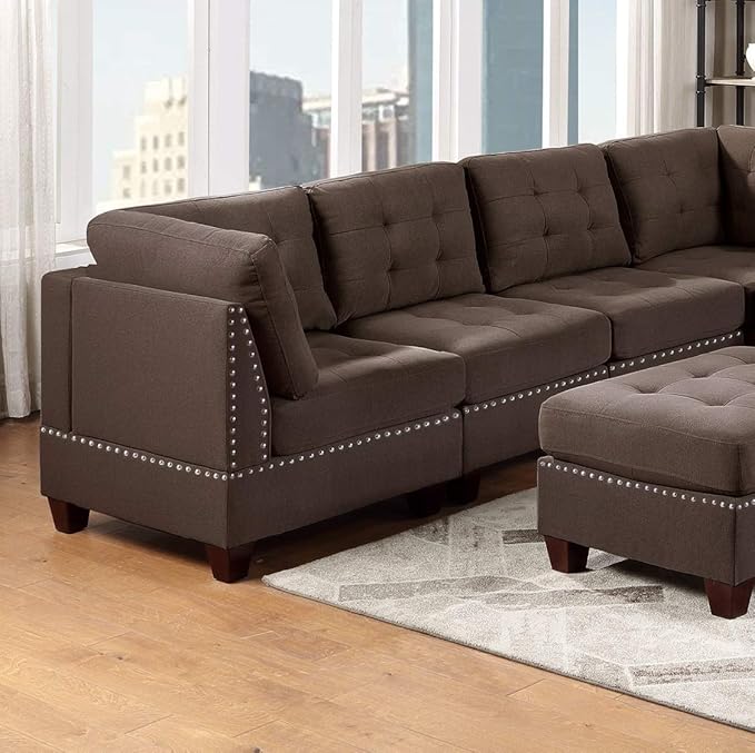 Living Room Furniture Tufted Armless Chair in Black Coffee Linen-Like Fabric Armless Cushion Chair with Nailheads and Wooden Legs