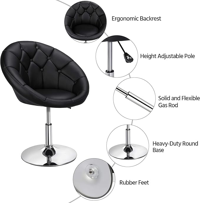 Yaheetech Adjustable Vanity Chair with Round Tufted Back Swivel Leather Salon Chair for Bedroom Living Room Office Black