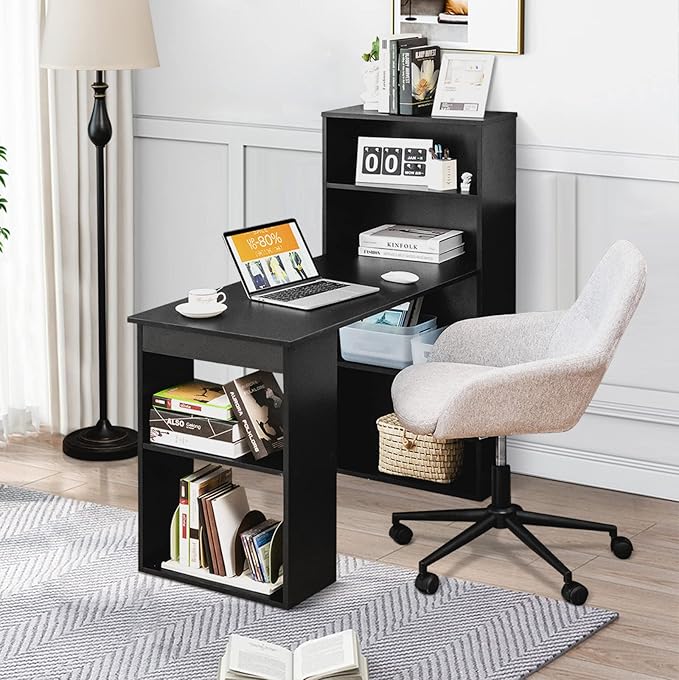 IFANNY Black Computer Desk w/Bookshelf Modern Home Office Desk w/Storage Shelves &amp CPU Stand Space-Saving Design Compact Corner Computer Workstation for Small Spaces