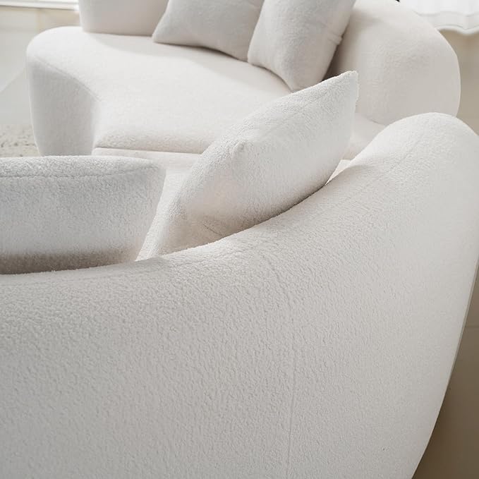 106.7 Curved Loveseat Sofa for Small Spaces - Plush Teddy Fleece Fabric Modern Love Seat with Pocket Springs &amp Memory Foam Boneless Floor Couch Set Living Room Studio 38.6 Extra Deep Seat (Whi
