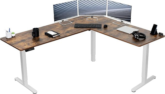 VIVO Electric Corner 75 x 63 inch L-Shaped Standing Desk Memory Height Adjustment Rustic Vintage Brown Top White Frame DESK-E3CTWN-75