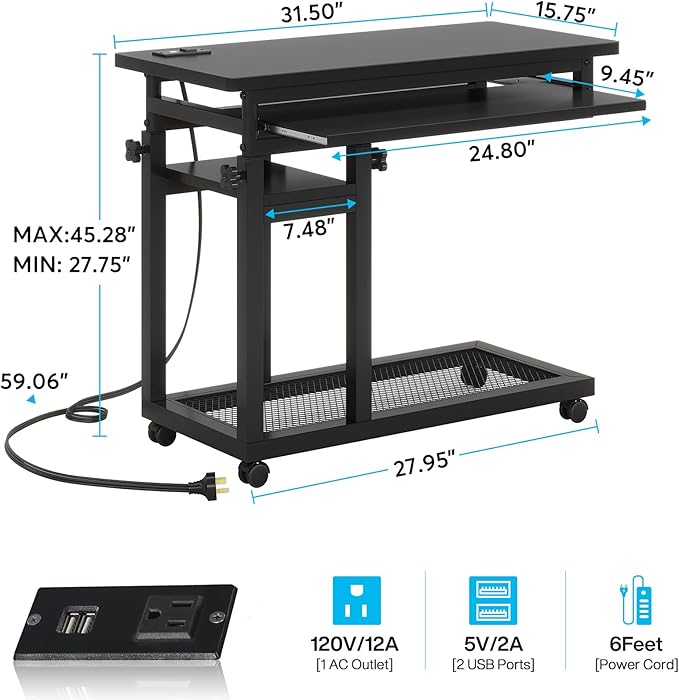 Tribesigns Small Portable Desk with Power Outlet Height Adjustable Sofa Couch Bedside Laptop Table with Wheels Mobile Standing Desk Rolling Computer Cart C Side Table with USB Ports