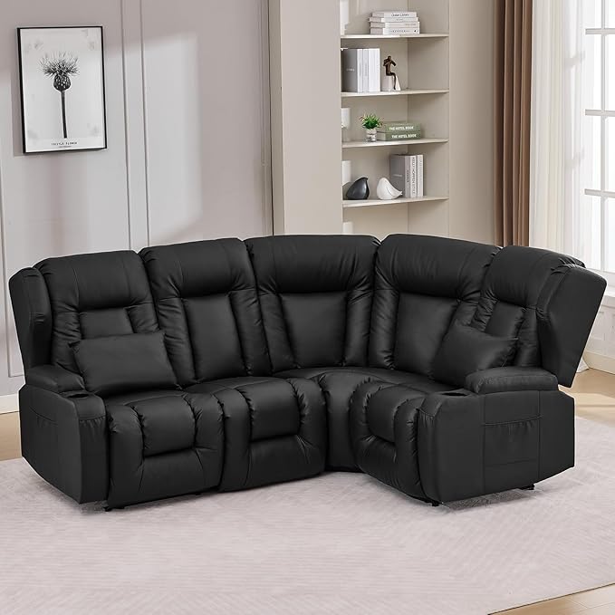 Loveseat Recliner SofaRV Wall Hugger Recliners for Small SpacesReclining Loveseat Sofa Recliner with Cup Holders/Lumbar PillowsRV Furniture (PU Black Loveseat with Corner Sofa)