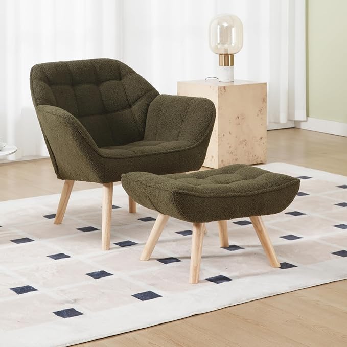 Modern Sherpa Accent Chair with Ottoman Fluffy Upholstered Lounge Chair with Footrest Comfy Living Room Side Boucle Armchair for Small Space Bedroom Apartment Green
