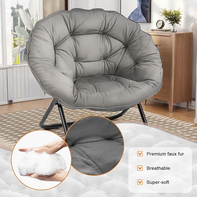 Folding Saucer Chairs for Living Room Circle Chairs with Faux Fur Moon Saucer Chairs for Adults Dorm Reading (Gray)