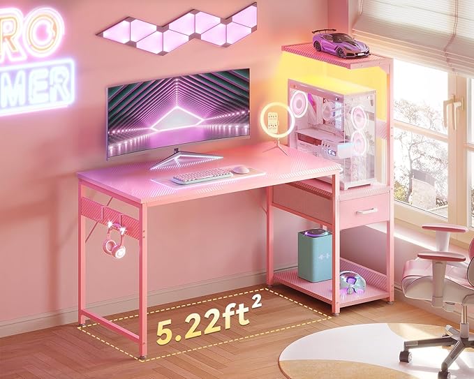 Casaottima 48 Inch Gaming Desk with Storage &amp LED Lights Reversible Computer Desk with Display Shelves &amp Fabric Drawer Modern Gamer Desk Table with Side Headphone Hook Carbon Fiber Pink