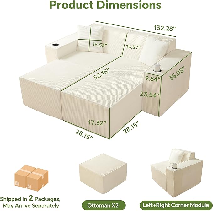 Cloud Modular Sectional CouchBoneless Corduroy Sofa for Living RoomU Shaped Sofa with OttomanDeep SeatNo Assembly Required (White Sofa Bed)