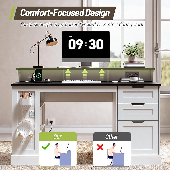 55-Inch Farmhouse Executive Desk with 2 Drawers and File Cabinet Computer Desk with 3-Tier Storage Shelves Home Office Desk with Charging Station Pegboard and Monitor Shelf White and Black