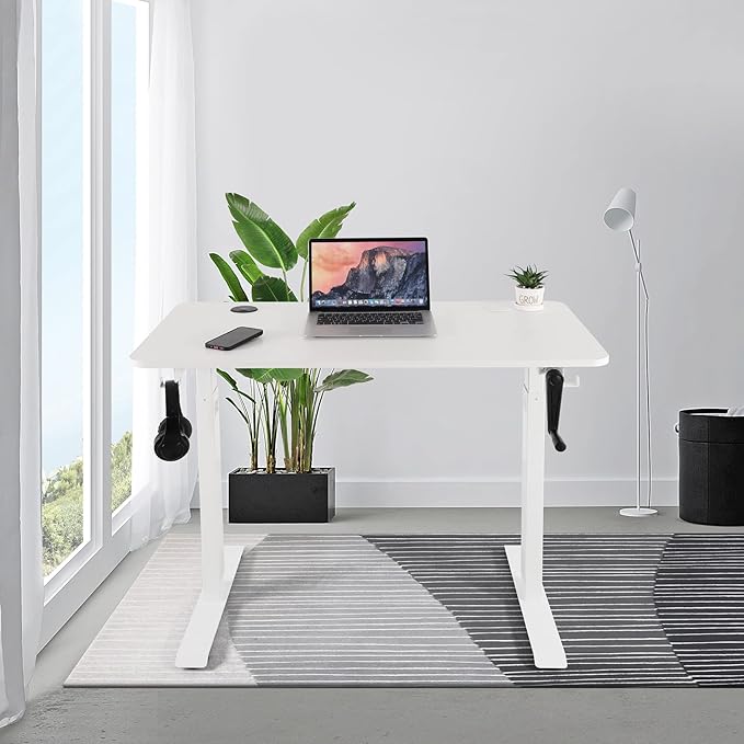 UNICOO Crank Adjustable Height Standing Desk Game Table Home Office Table Computer Desk with USB and Wireless Charger (NTCSET-01-White - M2)