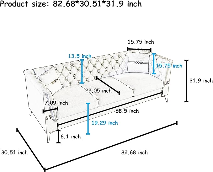 Chesterfield Sofa Sectional Couch with Metal Legs 82.6 Velvet Couch White and Gold Sofa Luxury Loveseat for Living Room Tufted Sofas with 2 Pillows &amp Classic Golden Decor White