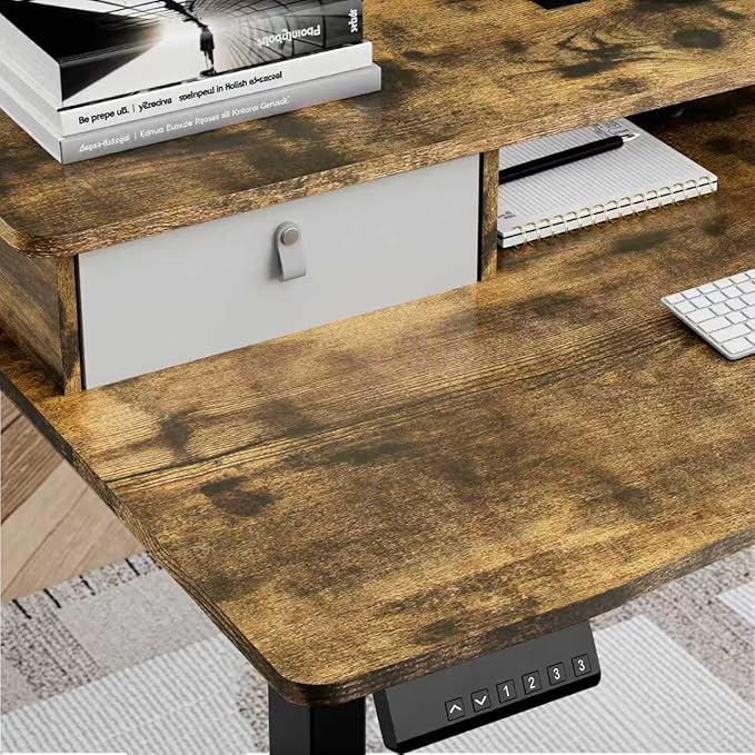 MSZ Sit &amp Standing Desk Adjustable Height Electric Sit Stand Up Down Computer Table 48x24 Inch Ergonomic Rising Modern Lift Motorized Gaming Desktop Work Home Office (Brown-Double Bookcase)