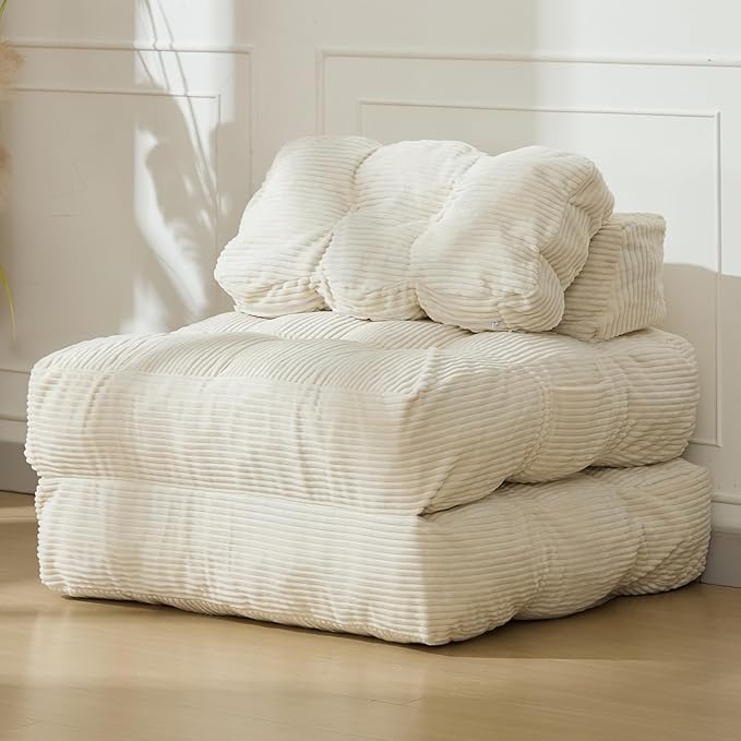 Garvee Folding Sofa Bed Convertible Sleeper Chair with Pillow Foldable Mattress with Back Support Boneless Fold Out Chair Bed Comfy Floor Sofa Lounge for Living Room Bedroom Beige Single