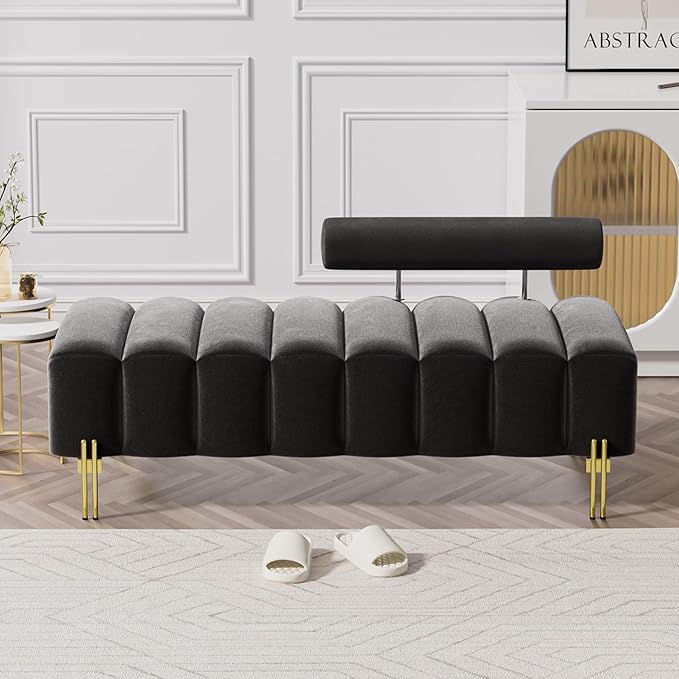 Small Loveseat Sofa Couch 52.2 Upholstered Velvet Mini Couch with Golden Legs Channel Tufted 2 Seat Sofa Bench Adjustable Back for Living Room Bedroom Office Black