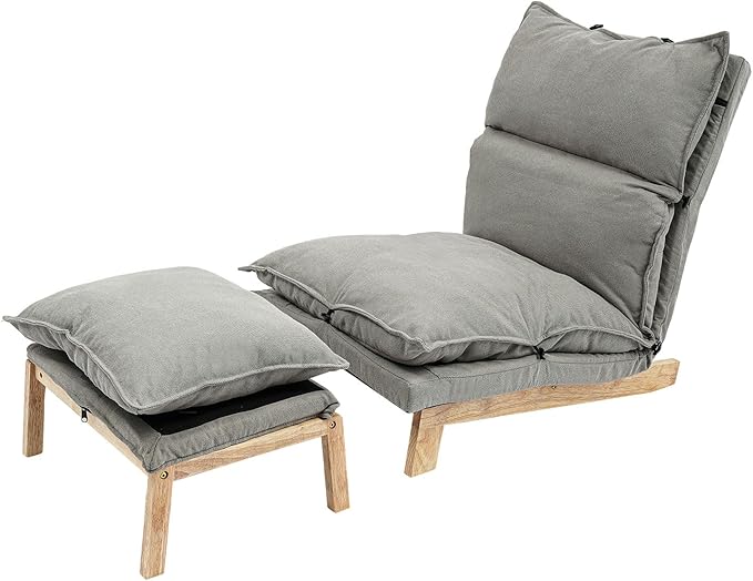 Single Lazy Leisure Chair Adjustable Recliner Balcony Reclining Japanese Tatami Chair with Ottoman Floor Seating Lounge Chair with Backrest and Footrest Upholstered Chair for Living Bedroom (Grey)