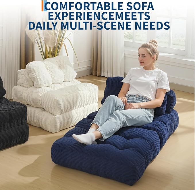 Folding Sofa Bed Convertible Sleeper Chair with Pillow Foldable Mattress&ampSide Pocket Portable Fold Out Chair Bed Comfy Floor Sofa Lounge for Living Room Bedroom Blue Single