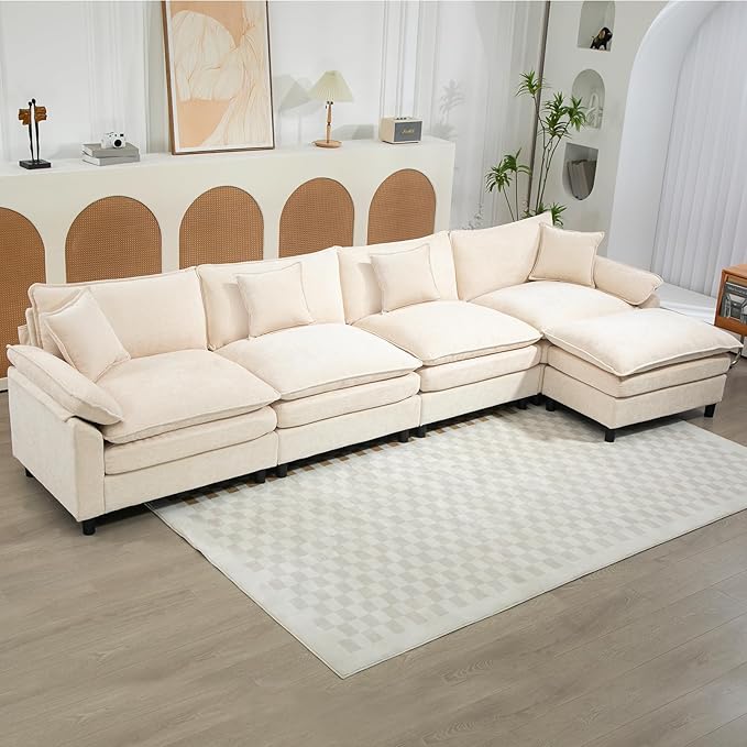 Oversized Modular Sectional Sofa 146.5 Inch L Shaped Cloud Couch Set 4-Seat Comfy Convertible Sofa with 1 Movable Ottoman DIY Combination Sleeper Couch for Living Room(Chenille Beige)