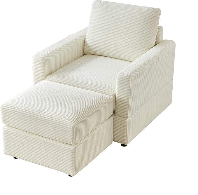 GDFStudio 32 Single Seat Sofa Couch Corduroy Comfy Deep Seat Sofa Sleeper Sofa Bed Chaise Couch Chair with Ottoman Removable Footrest Oversized Armchair for Living Room Beige