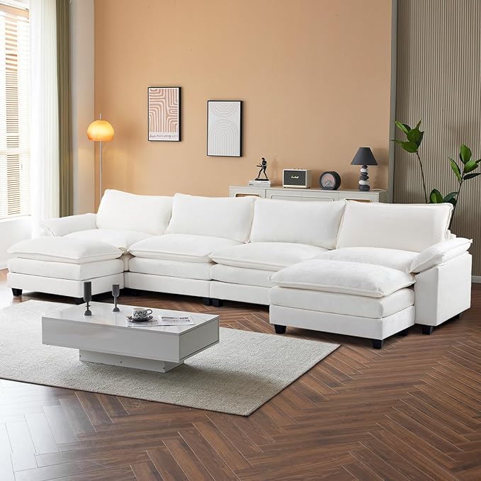 VINGLI 157 Cloud White/Cream Convertible Sectional Sofa Comfy U-Shape Extra Deep Seat Sofa Couch for Living RoomModern Chenille 4-Seat Convertible Sofa with 2 Movable Ottomans for Small Space