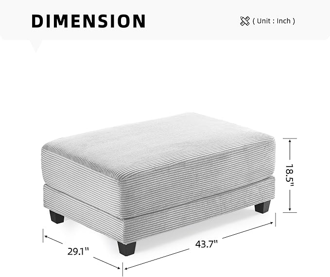 Corduroy Ottoman for Sectional Sofa Modular Footrest with Wooden Legs 43.7 x 29.1 x 18.5 Inches Convertible Furniture for Living RoomGray