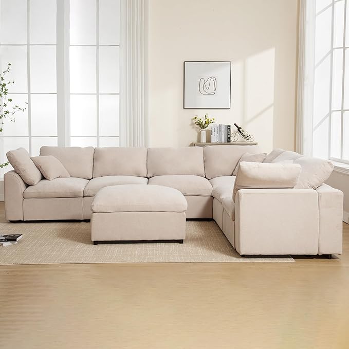 129.3 Oversized Modular Sectional Sofa U Shaped Couch with Movable Ottoman Large 7 Seat Corner Couches for Living Room Spacious Space Beige