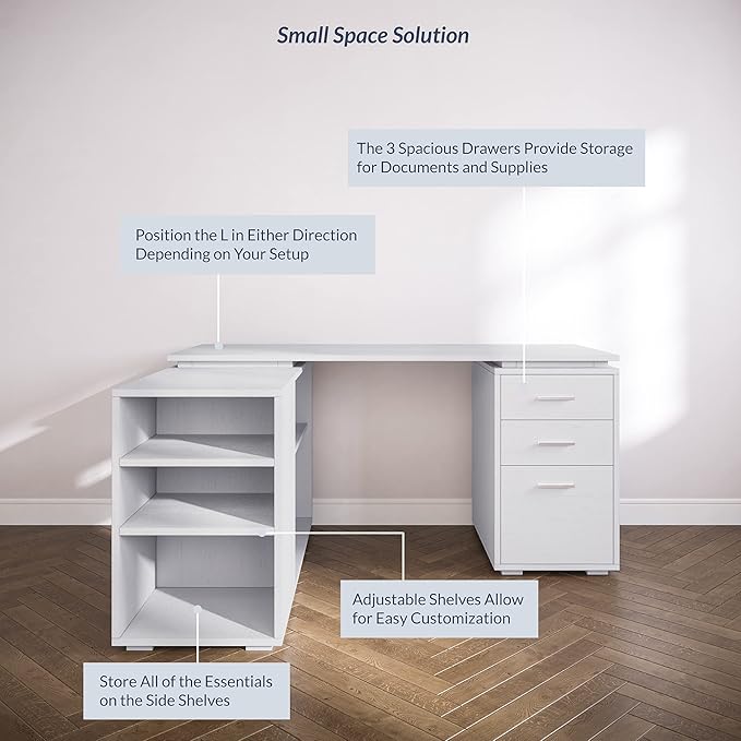 BELLEZE L Shaped Computer Desk 60” Study Writing Table Home Office Desk Morden Corner Workstation Setup with Adjustable Storage Shelves and 3 Drawers White