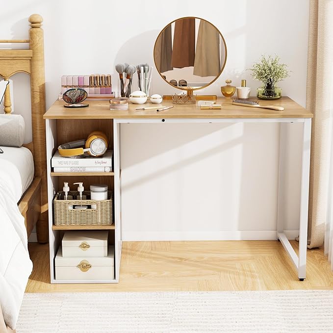 Tangkula Computer Desk with Storage Shelves Home Office Desk with 5 Side Shelves &amp Metal Frame Space Saving Laptop PC Desk Writing Study Desk Modern Vanity Desk for Bedroom (Natural)
