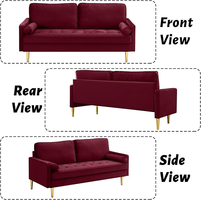 65 Loveseat Sofa with 2 Pillows Comfy Love Seat Cuches with Gold LegsVelvet Small Couchs for Living Room Bedroom Office ApartmentMid Century Modern Couch (Red)
