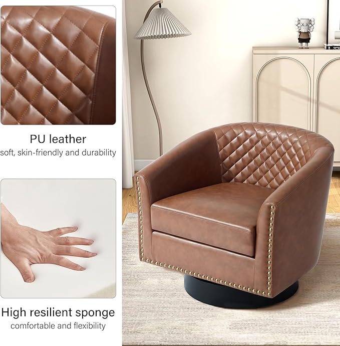 Swivel Barrel Accent Chair Set of 2 Comfy Modern Upholstered Round Faux Leather Arm Chair for Living Room Bedroom - Brown