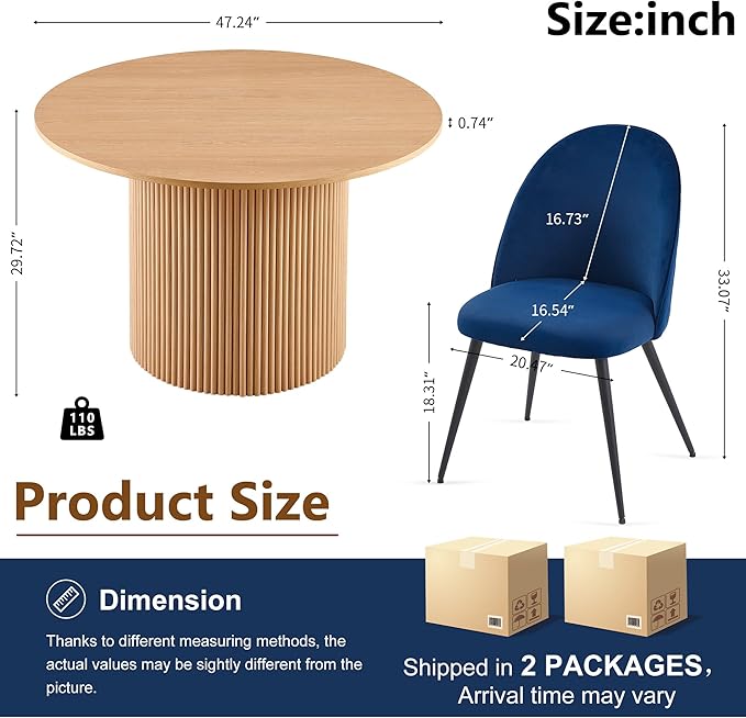 47-in Round Kitchen Table Set for 4 Modern Mid-Century Dining Room Table Pedestal with 4 Navy Blue Kitchen Living Room Chairs Set Space Saving Dining Set for Dinining Hall Reception Room