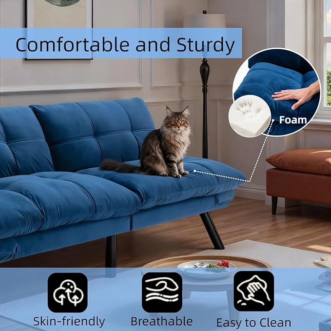 71-inch Microfiber Upholstered Futon Sofa Bed - 2 Seats Adjustable Arms/Back Iron Legs | Convertible to Sleeper for Main Living Spaces Bedrooms Offices (Navy Blue+2Seat)